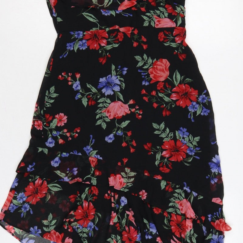 Lipsy Women Black Floral UK 10 Hi-Low Fit & Flare Chiffon Dress