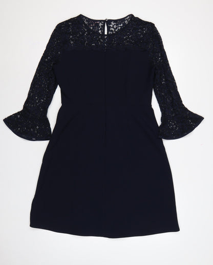 Phase Eight Women Blue UK 12 A-Line Lace Bell Sleeve Knee Dress