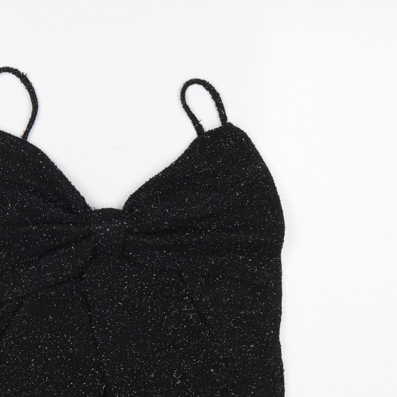 H&M Women Black Glitter Knit V-Neck Spaghetti Strap Cami Tank Top L