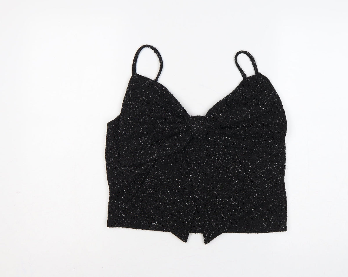 H&M Women Black Glitter Knit V-Neck Spaghetti Strap Cami Tank Top L
