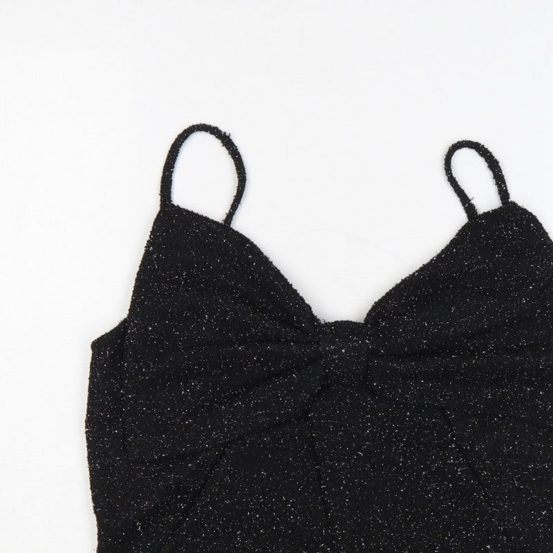 H&M Women Black Glitter Knit V-Neck Spaghetti Strap Cami Tank Top L