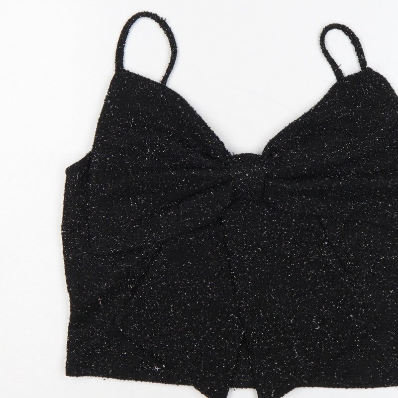 H&M Women Black Glitter Knit V-Neck Spaghetti Strap Cami Tank Top L