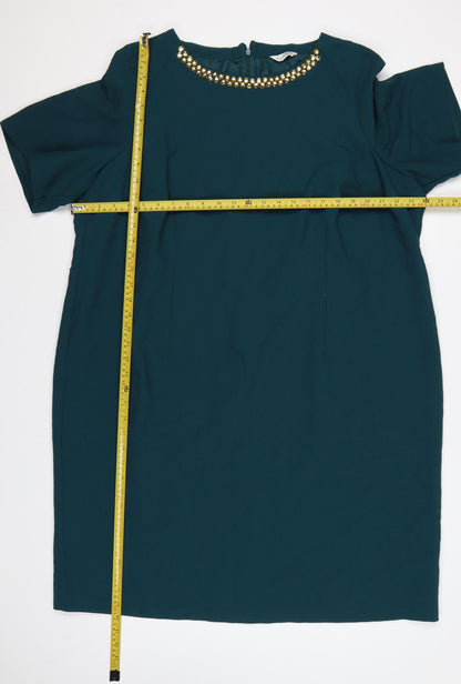 M&S Women Green UK 24 Sheath Dress Beaded Neck Flutter Sleeves