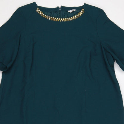 M&S Women Green UK 24 Sheath Dress Beaded Neck Flutter Sleeves
