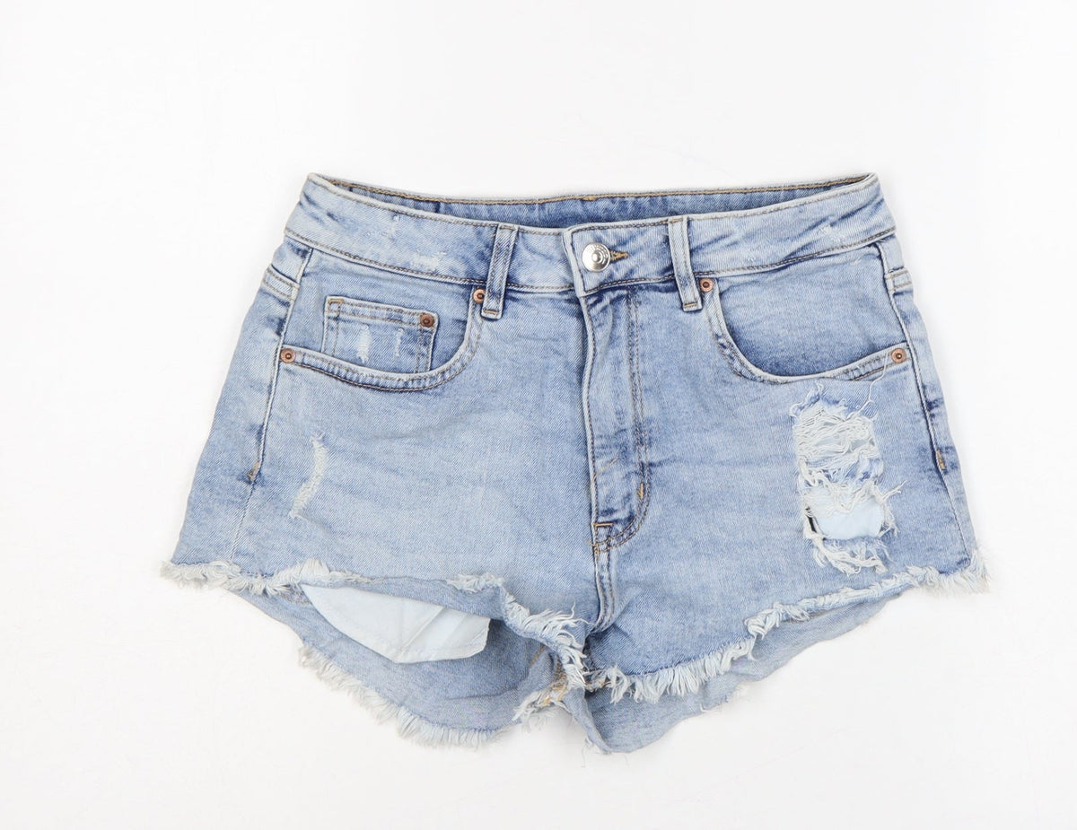 H&M Divided Women Blue UK 12 High Rise Distressed Denim Cut-Off Shorts
