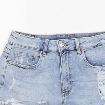 H&M Divided Women Blue UK 12 High Rise Distressed Denim Cut-Off Shorts