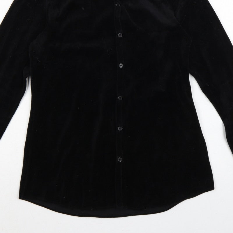 Jigsaw Women Black UK 2 Velour Button-Up Collared Long Sleeve Shirt