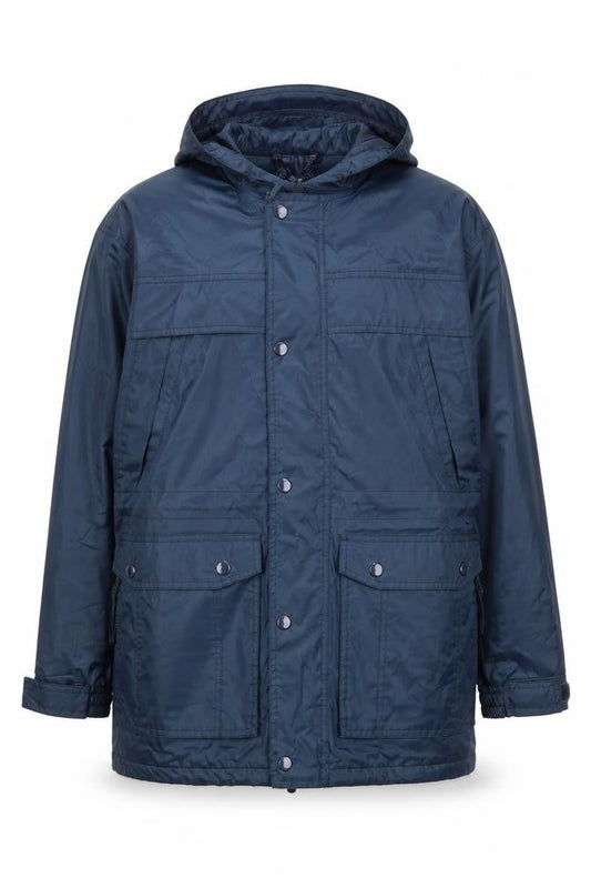 Front view of Arctic Moon Men’s Blue Hooded Parka Jacket, size 34, Nylon