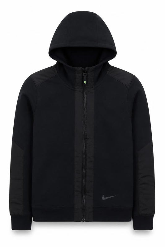 Front view of Nike Teens Black L Full Zip Hooded Sweatshirt Logo Cotton Blend