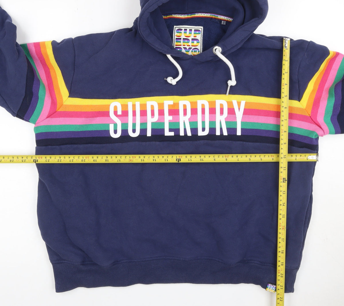 Superdry Women’s Blue UK 16 Rainbow Stripe Logo Pullover Hoodie