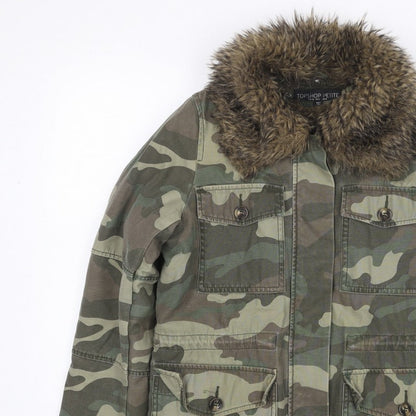Topshop Petite Women’s Green UK 8 Camouflage Military Faux Fur Jacket