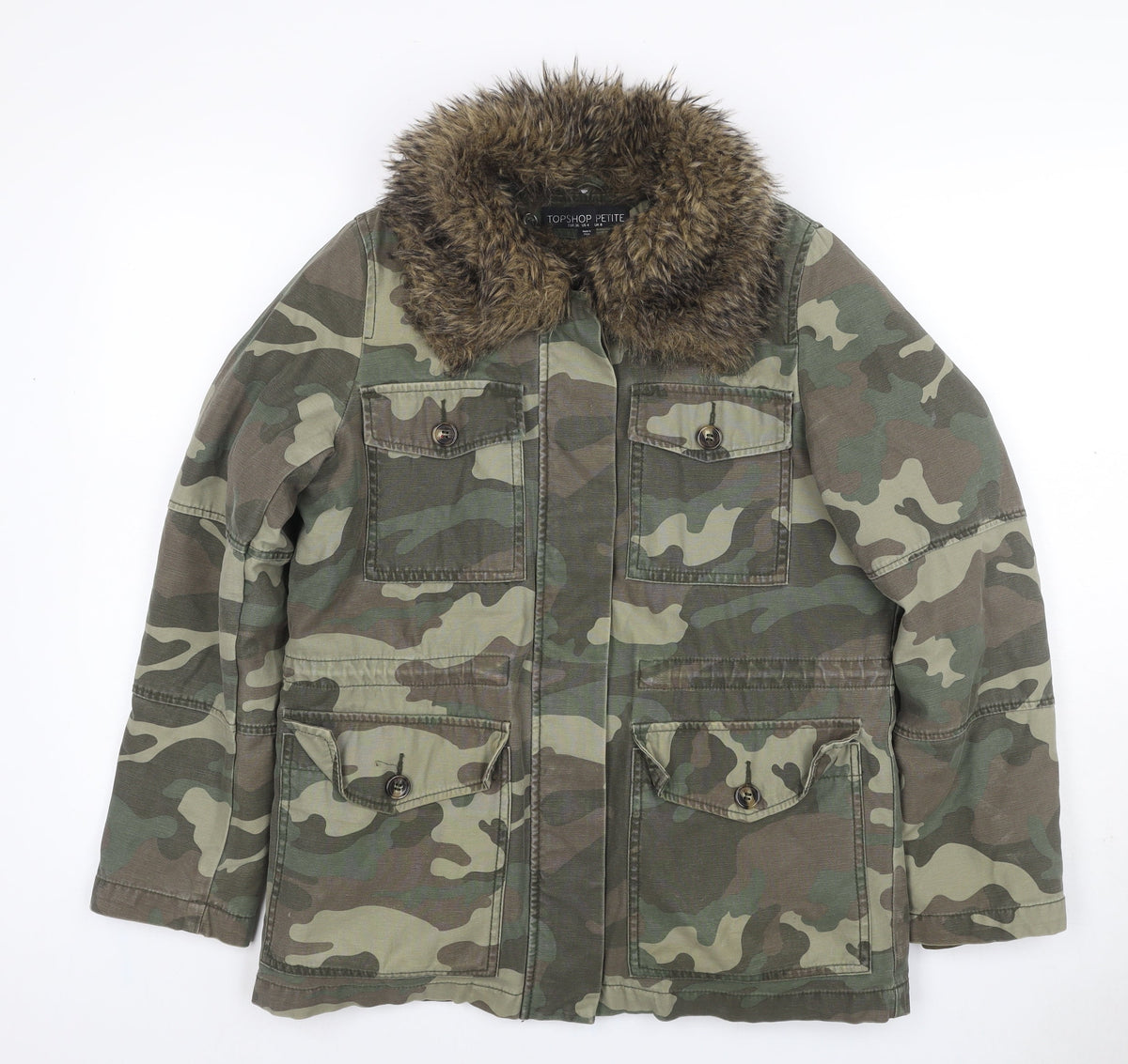 Topshop Petite Women’s Green UK 8 Camouflage Military Faux Fur Jacket
