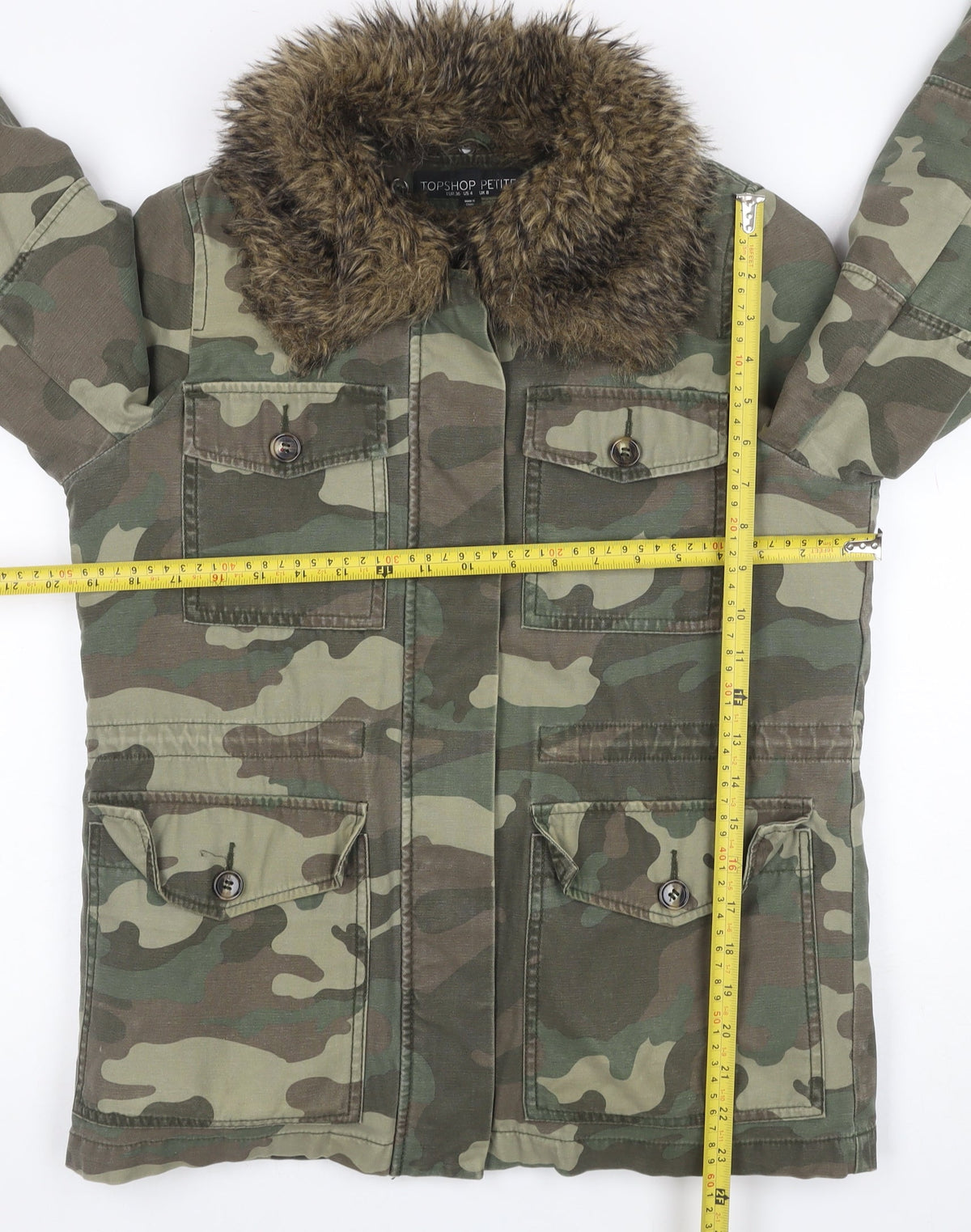 Topshop Petite Women’s Green UK 8 Camouflage Military Faux Fur Jacket