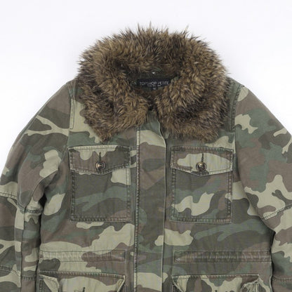 Topshop Petite Women’s Green UK 8 Camouflage Military Faux Fur Jacket