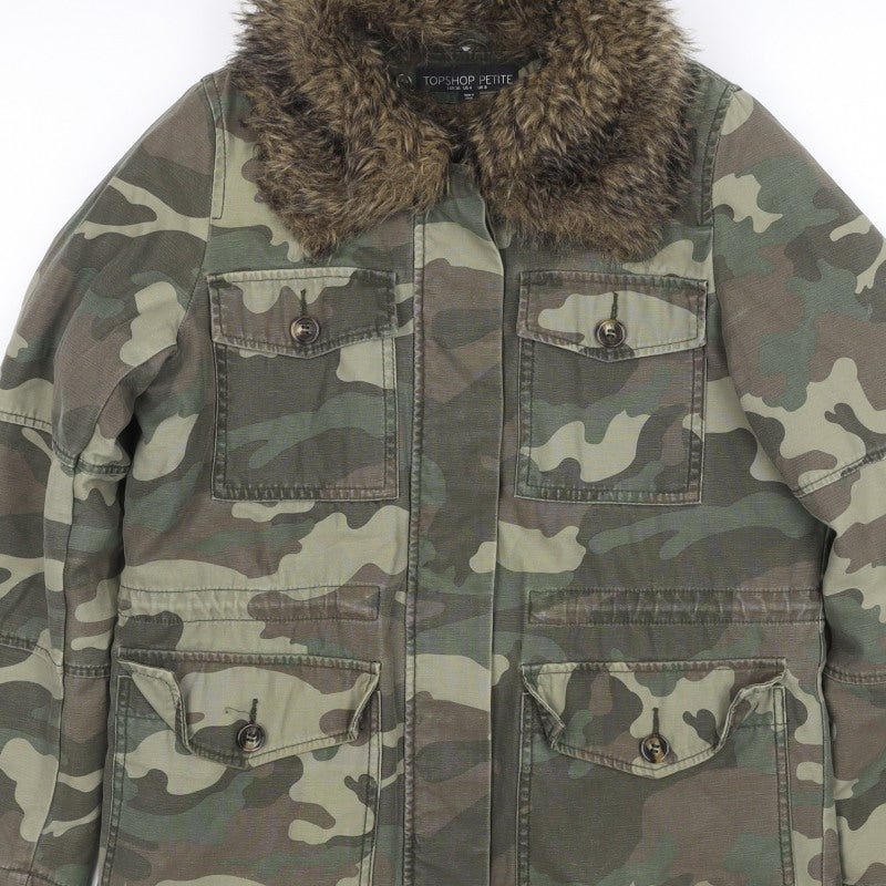 Topshop Petite Women’s Green UK 8 Camouflage Military Faux Fur Jacket