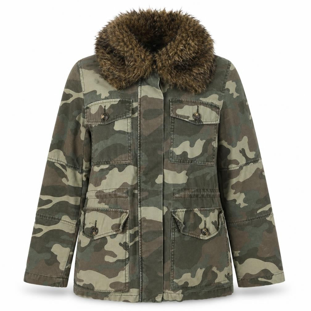 Topshop Petite Women’s Green UK 8 Camouflage Military Faux Fur Jacket