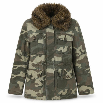 Topshop Petite Women’s Green UK 8 Camouflage Military Faux Fur Jacket