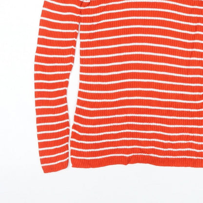Vila Women Orange White Striped Rib Knit Mock Neck Long Sleeve Top S