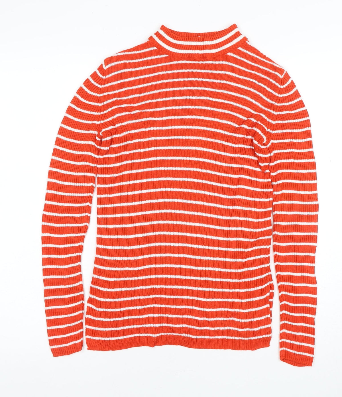 Vila Women Orange White Striped Rib Knit Mock Neck Long Sleeve Top S