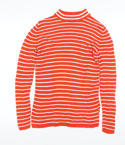 Vila Women Orange White Striped Rib Knit Mock Neck Long Sleeve Top S