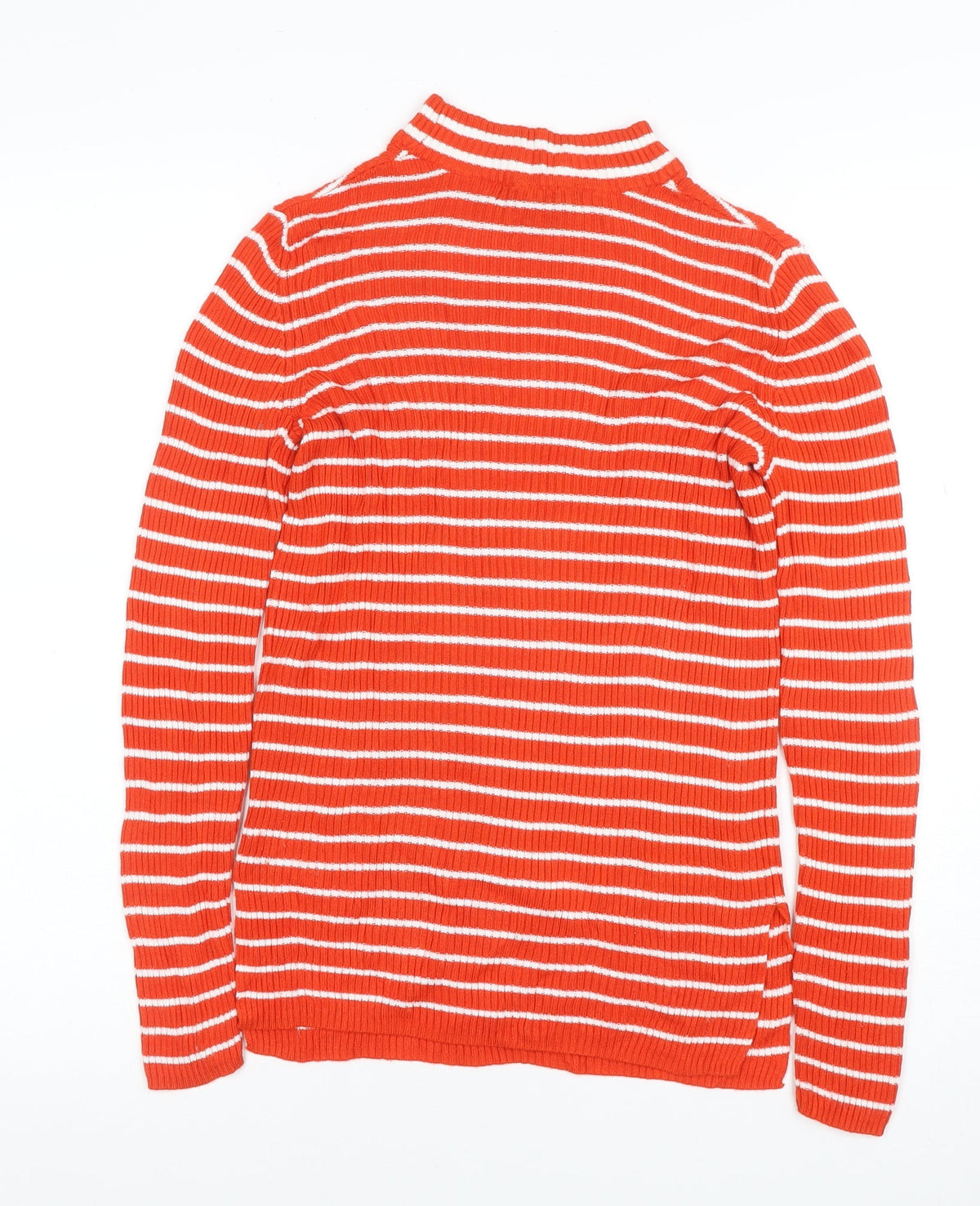 Vila Women Orange White Striped Rib Knit Mock Neck Long Sleeve Top S