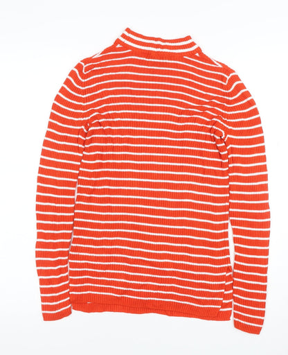Vila Women Orange White Striped Rib Knit Mock Neck Long Sleeve Top S