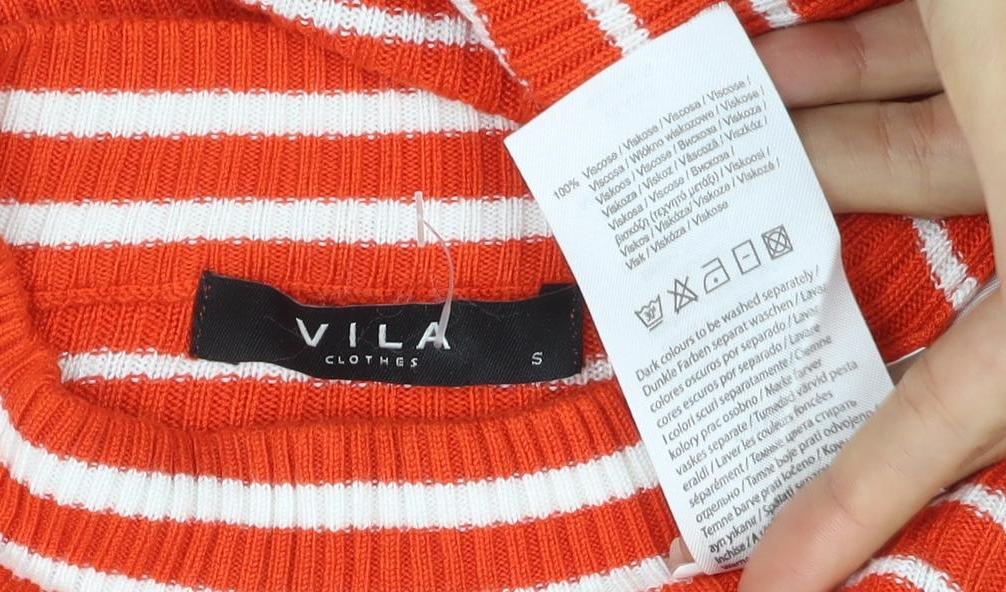 Vila Women Orange White Striped Rib Knit Mock Neck Long Sleeve Top S