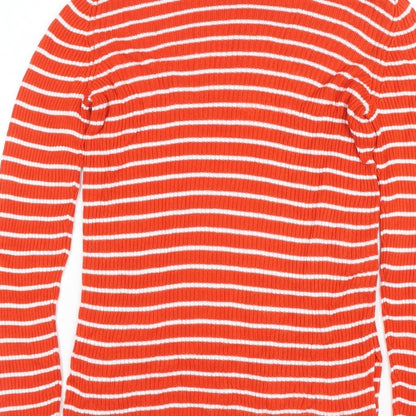 Vila Women Orange White Striped Rib Knit Mock Neck Long Sleeve Top S