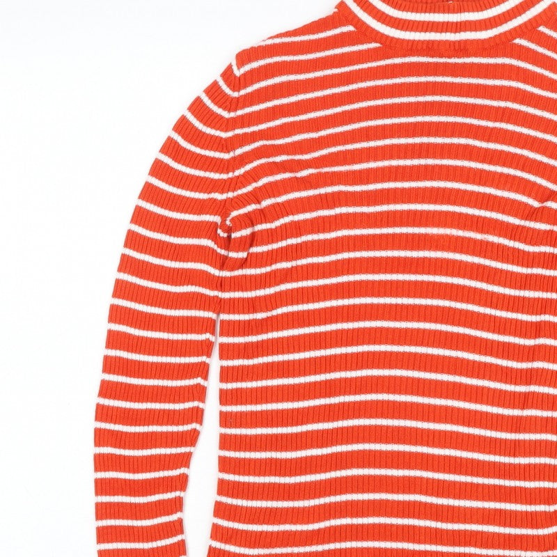 Vila Women Orange White Striped Rib Knit Mock Neck Long Sleeve Top S