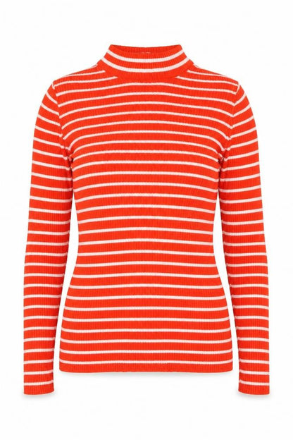 Vila Women Orange White Striped Rib Knit Mock Neck Long Sleeve Top S