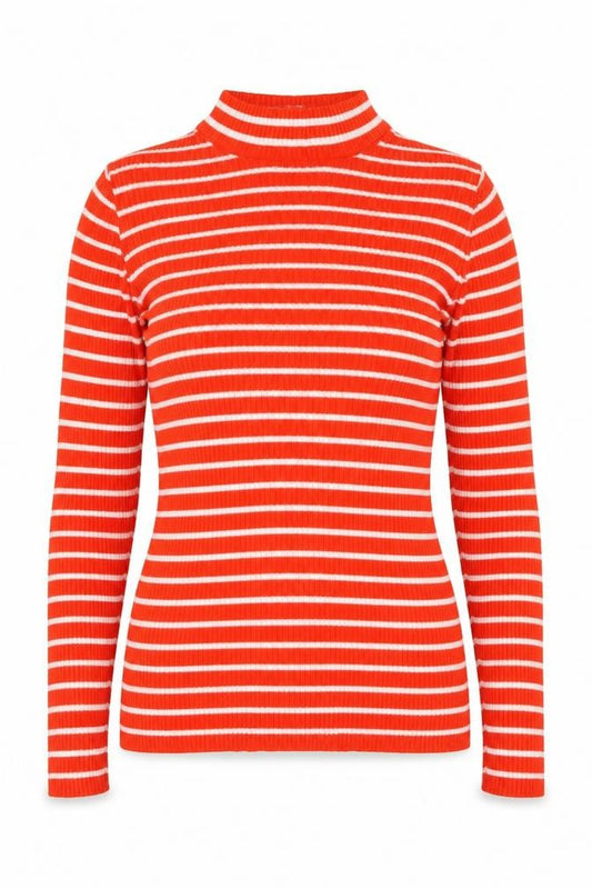 Vila Women Orange White Striped Rib Knit Mock Neck Long Sleeve Top S