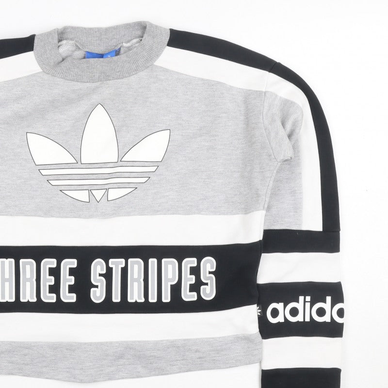 Adidas Women Grey Black White Size 6 Colourblock Logo Sweatshirt