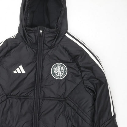 adidas Men Black M Puffer Jacket Hooded Macclesfield FC Quilted Logo