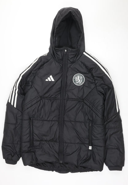 adidas Men Black M Puffer Jacket Hooded Macclesfield FC Quilted Logo