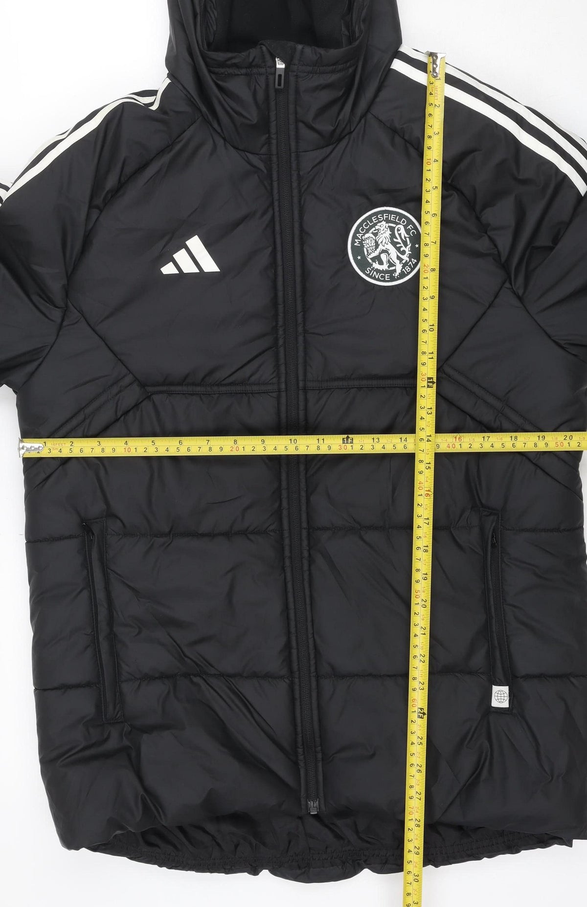adidas Men Black M Puffer Jacket Hooded Macclesfield FC Quilted Logo