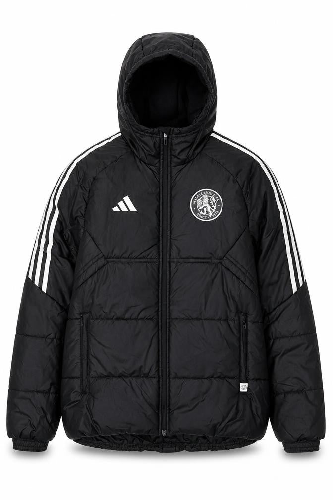 adidas Men Black M Puffer Jacket Hooded Macclesfield FC Quilted Logo