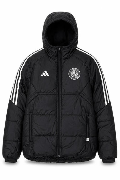 adidas Men Black M Puffer Jacket Hooded Macclesfield FC Quilted Logo