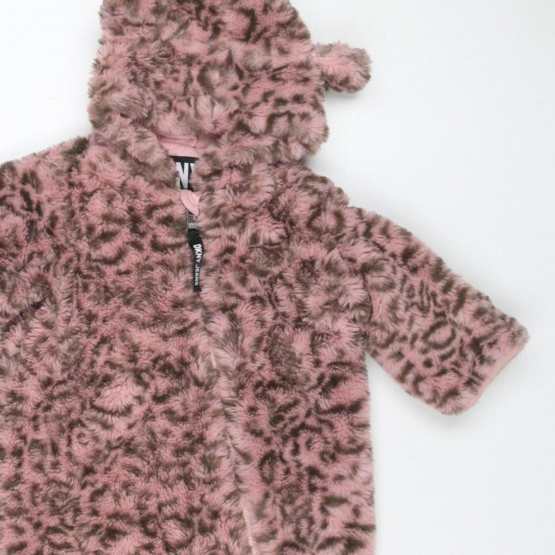 DKNY Girls Pink Leopard Faux Fur Coat 6-9 Months Hooded Long Sleeve