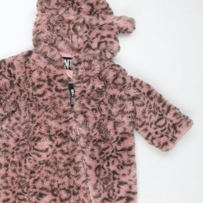 DKNY Girls Pink Leopard Faux Fur Coat 6-9 Months Hooded Long Sleeve