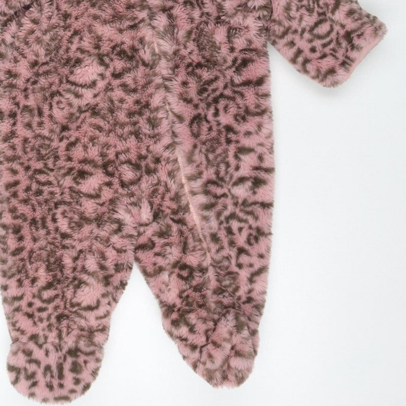 DKNY Girls Pink Leopard Faux Fur Coat 6-9 Months Hooded Long Sleeve
