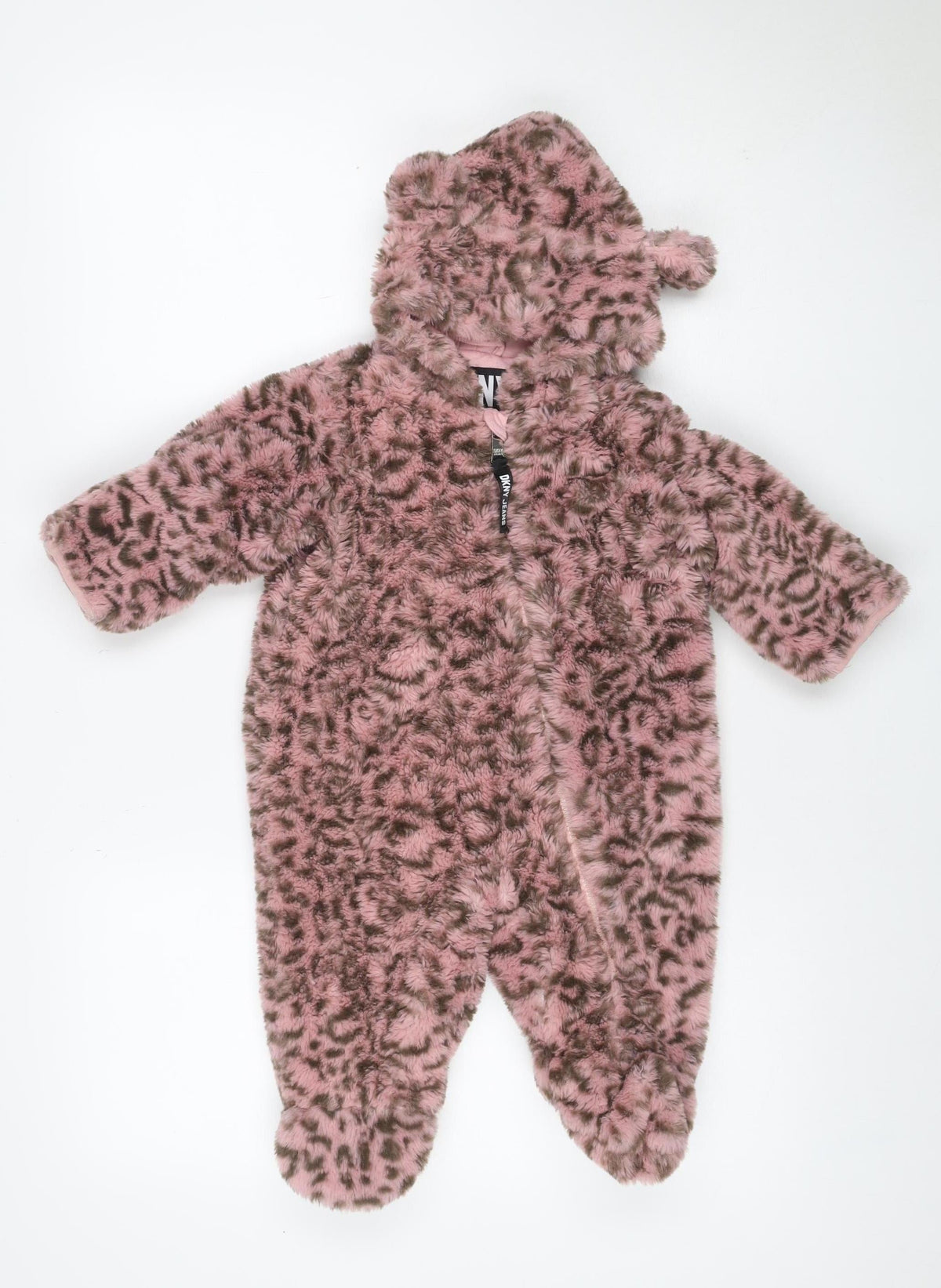 DKNY Girls Pink Leopard Faux Fur Coat 6-9 Months Hooded Long Sleeve