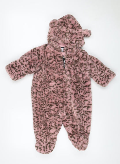 DKNY Girls Pink Leopard Faux Fur Coat 6-9 Months Hooded Long Sleeve