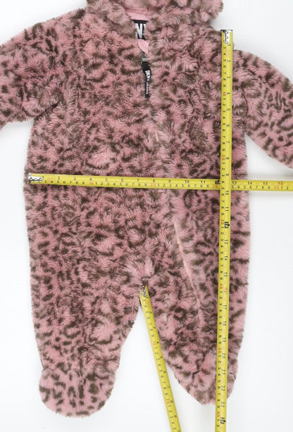DKNY Girls Pink Leopard Faux Fur Coat 6-9 Months Hooded Long Sleeve