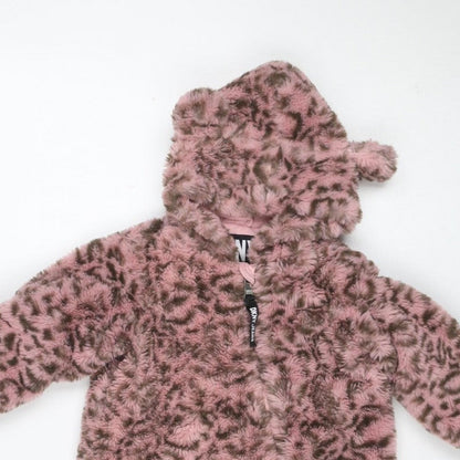 DKNY Girls Pink Leopard Faux Fur Coat 6-9 Months Hooded Long Sleeve