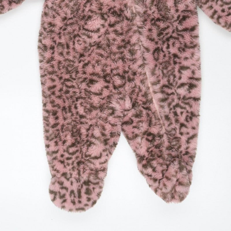 DKNY Girls Pink Leopard Faux Fur Coat 6-9 Months Hooded Long Sleeve