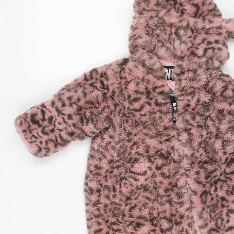 DKNY Girls Pink Leopard Faux Fur Coat 6-9 Months Hooded Long Sleeve