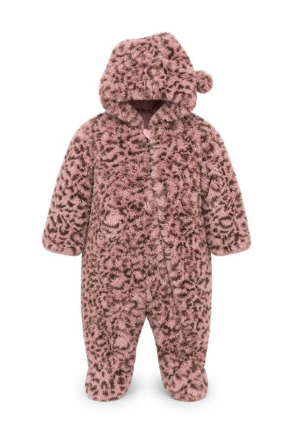 DKNY Girls Pink Leopard Faux Fur Coat 6-9 Months Hooded Long Sleeve