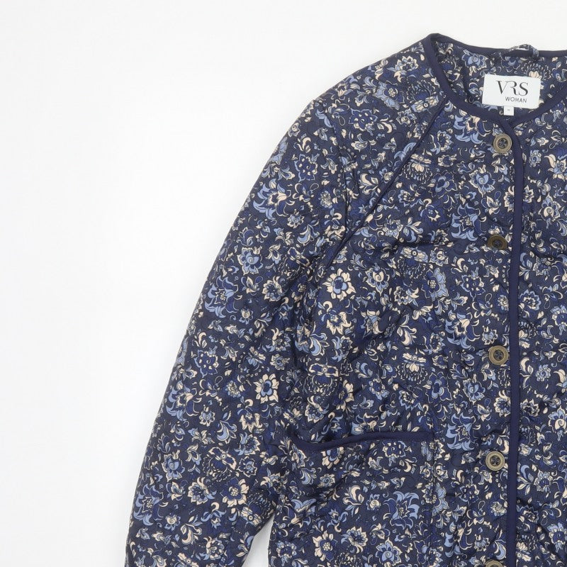 VRS Woman Women's Blue Floral Quilted Jacket Size S Button Padded