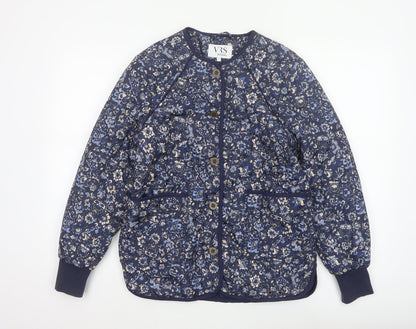 VRS Woman Women's Blue Floral Quilted Jacket Size S Button Padded