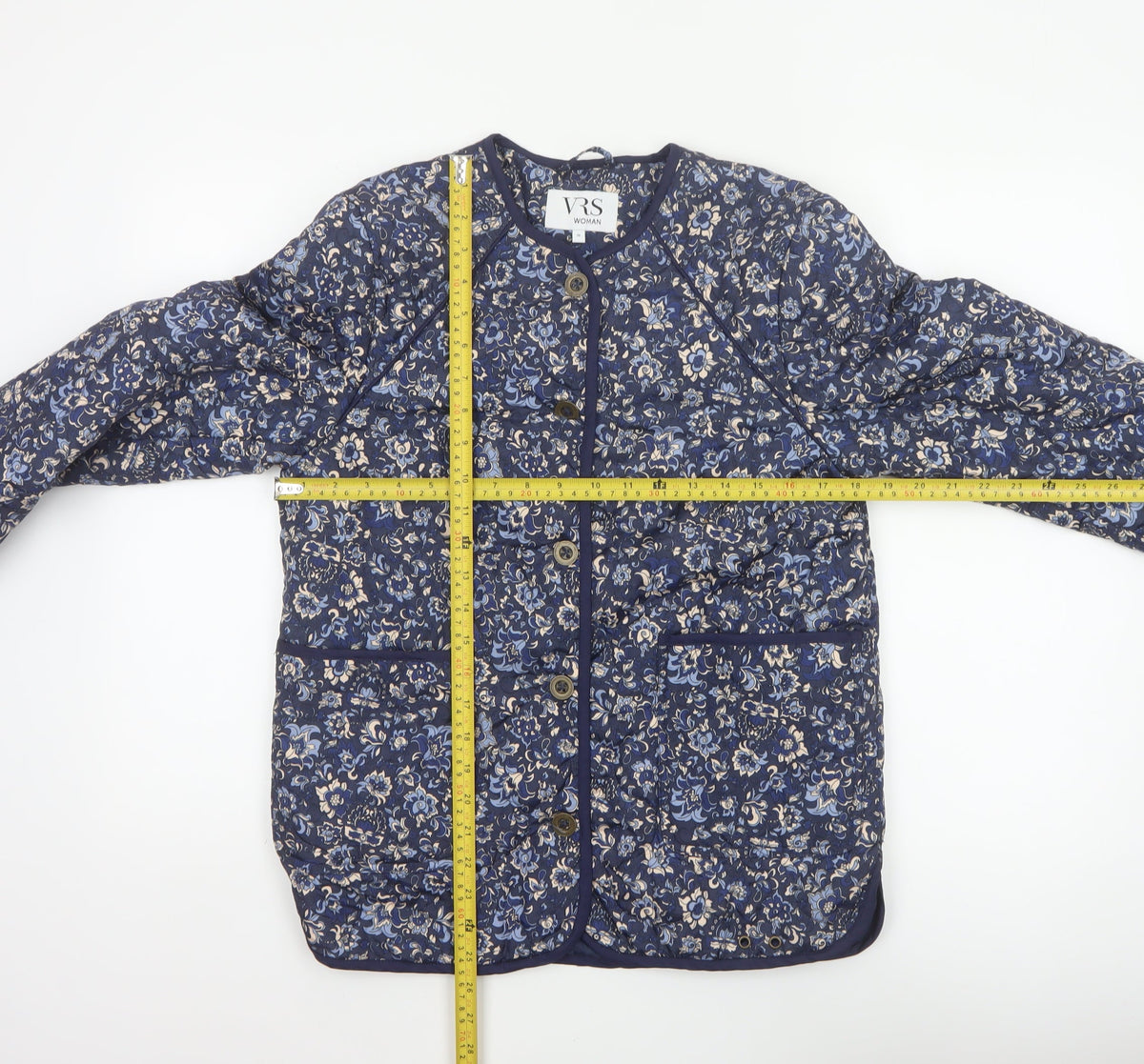 VRS Woman Women's Blue Floral Quilted Jacket Size S Button Padded